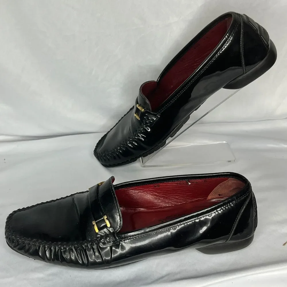 Salvatore Ferragamo‎ Loafers Mens 8.5 Black Patent Leather Sport Gold Hardware